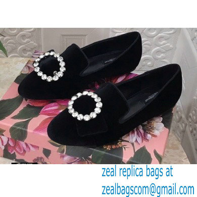Dolce & Gabbana Velvet Crystals Loafers Slippers Black 2021